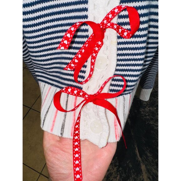 Sweet Bow Striped Navy White Nautical Novelty Sweater Red Ribbon Artsy Preppy - Picture 8 of 8
